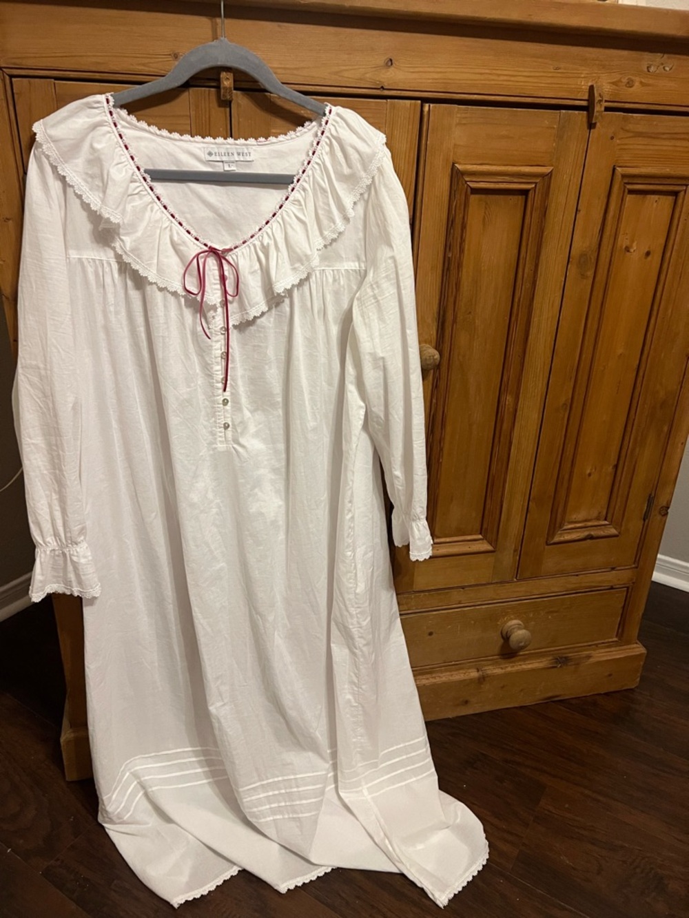 Eileen West White Cotton Ruffled Nightgown with Pink Tie